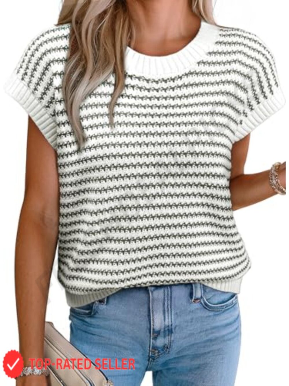 Striped Cap Sleeve Sweater Vest Round Neck Tank Top Acrylic Cotton Layering